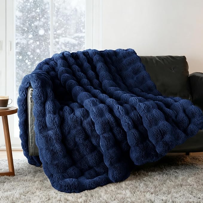 Exclusivo Mezcla Faux Fur Twin Size Blanket for Bed, Luxury Reversible 3D Rabbit Bubble Fuzzy Thick Sherpa Blankets for Winter, Plush Fleece Warm Cozy Bed Throw, 60x80 Inches, Navy Blue
