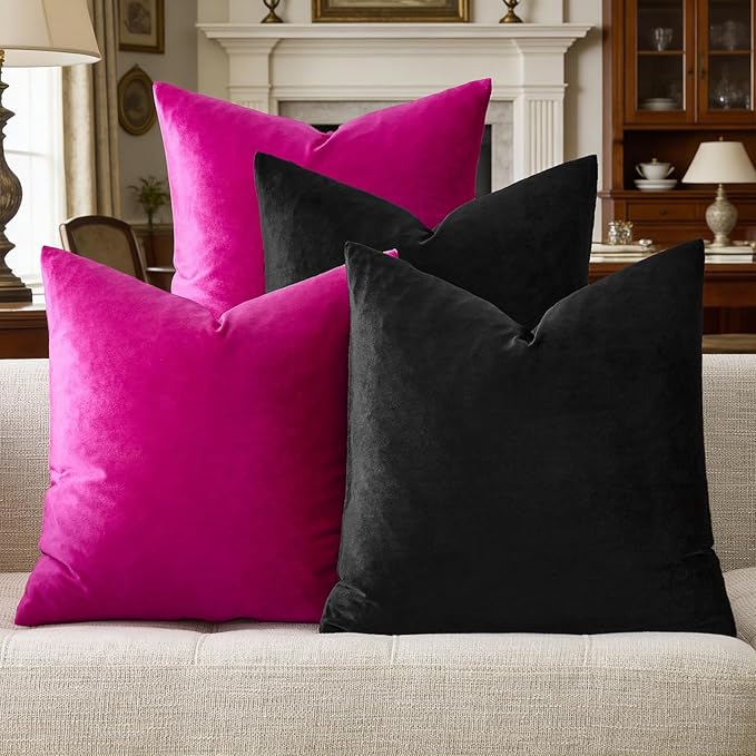 GIGIZAZA Pillow Covers 20x20 Set of 4,Black Hot Pink Velvet Soft Pillow Covers Decorative Square Modern Pillows Cushion Cases for Living Room