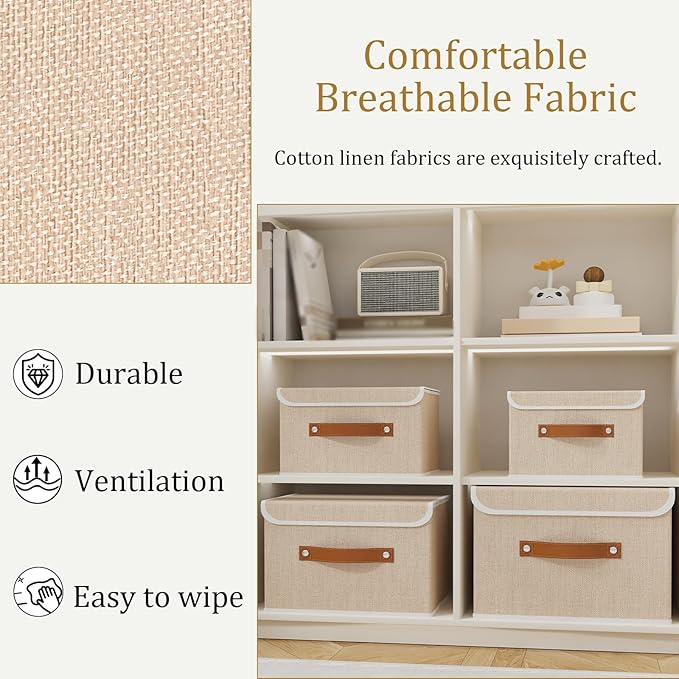 OUTBROS Storage Boxes, Collapsible Storage Bins with Lids, Cotton and linen cloth Storage Baskets with Handle, for Books, Closet, Beige, 3 Pack 10.2 x 7.9 x 6.7in