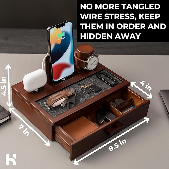 Holme & Hadfield Premium Wooden Phone Docking Station with Drawer – Nightstand Organizer for Charging Phone & Earbuds – Declutter Your Space with Felt-Lined Protection & Watch Pillar - Gift For Men