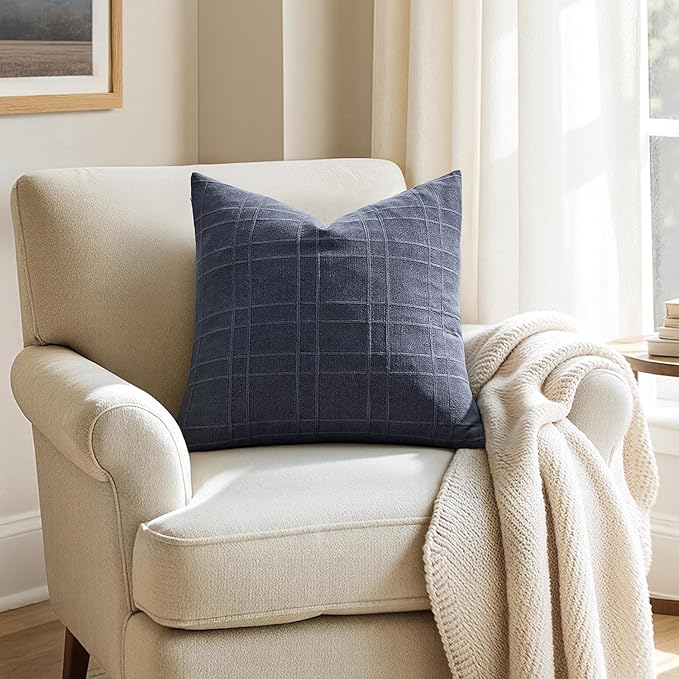 MIULEE Decorative Linen Check Euro Shams Throw Pillow Covers Neutral Farmhouse Vintage Pillow Covers 26x26 Set of 2 Boho Modern Home Decor for Sofa Couch Bedroom Cushion Navy Blue