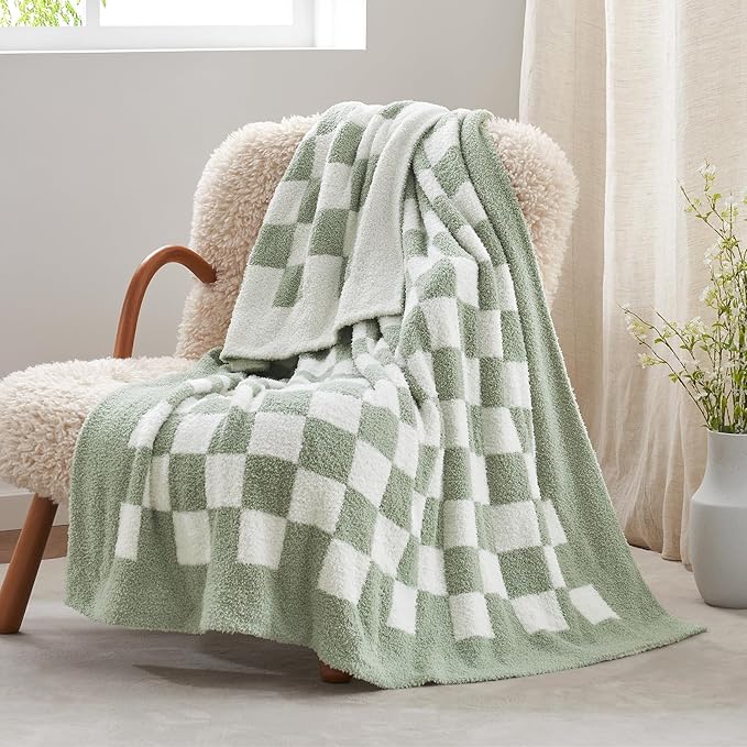 Snuggle Sac Checkered Throw Blanket for Couch, Super Soft, Cozy Warm Knit Blankets, Reversible Plaid Fluffy Throws for Sofa, Bed, Checkered Sage Green, 50x60 Inches