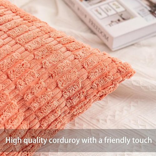 Aegero Pack of 2 Corduroy Decorative Throw Pillow Covers 18x18 InchSoft Boho Striped Pillow Covers Modern Farmhouse Home Decor for Sofa Living Room Couch Bed（Orange）