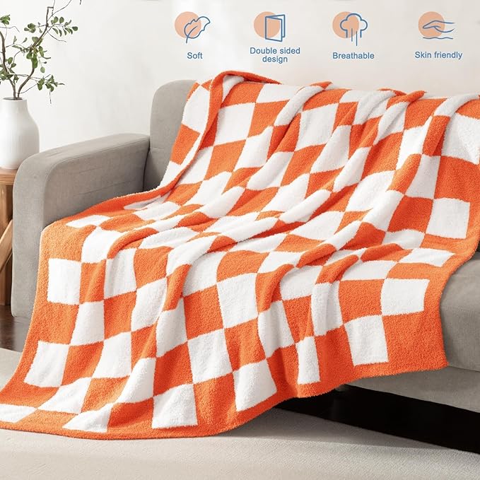 Whale Flotilla Checkered Knit Throw Blanket, Ultra Soft Warm Reversible Cozy Decorative Blankets for Couch Sofa and Bed, 50x60 Inch, Orange
