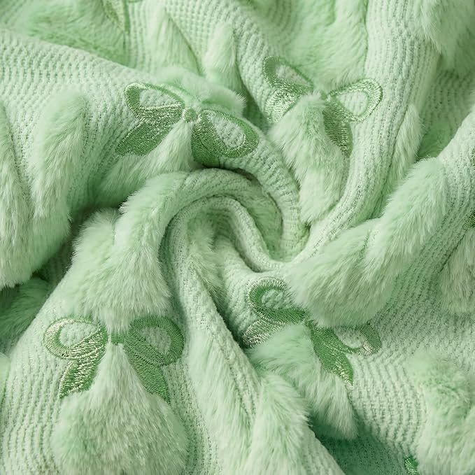 Horaldaily Easter Solid Blanket Throw, Green Rabbits Bow Soft Fuzzy Plush Faux Fur Cozy Blankets for Couch Sofa Bed Lounging, Ideal Gifts for Kids Adults Wife Self, 60x80