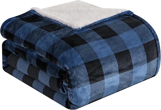 Elegant Comfort Ultra Soft Reversible Buffalo Plaid Flannel Sherpa Blanket - Cozy Silky Checkered Fleece Throw for Couch, Bed - Plush Fuzzy Warm Winter Blanket for Gift, King, Blue