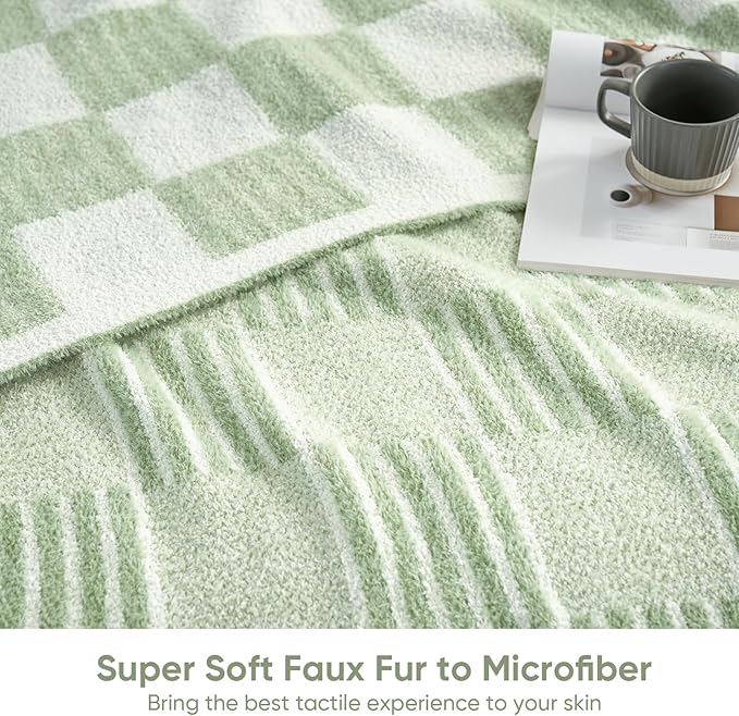 Snuggle Sac Faux Fur Checkered Blanket Twin Size,Super Soft Reversible Cozy Warm Blanket for Sofa Bedroom,Cute Lightweight Striped Throws for Women,Heather Sage Green,60x80 inches