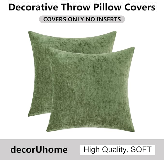 decorUhome Chenille Olive Green Throw Pillow Covers 26x26 Inch Set of 2, Decorative Soft Couch Pillow Covers Solid Dyed Accent Farmhouse Neutral Square Pillow Cases for Sofa