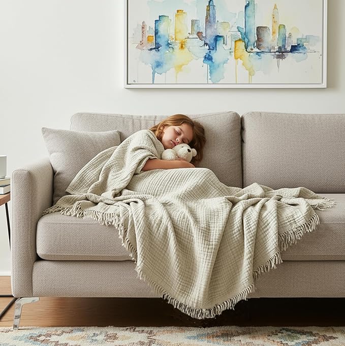 KyraHome 100% Organic Cotton 90"x104" King Size Muslin Blankets for Adults, Kids, Pre-Washed Plant Dyed, Breathable Cozy Gauze Bed Blanket, All Season (Oatmeal Khaki)