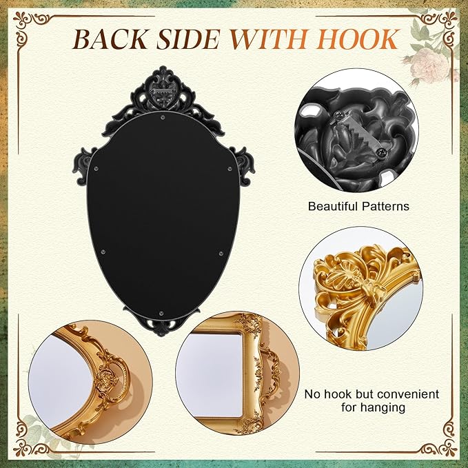 6 Pcs Vintage Gold Mirrors Set Including Small Oval Wall Mirror Antique Shield Shape Square Decorative Mirror Dresser Mirrored Tray for Bedroom Wedding Victorian Decor (Classic,Gold)