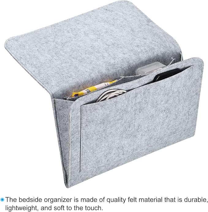 PATIKIL 13in Bedside Caddy, Bed Caddy Bedside Organizer Hanging Soft 5 Pockets Bed Pockets Bedside Storage Organizer Remote Control Holder for Bedroom Phones Glasses, Light Grey