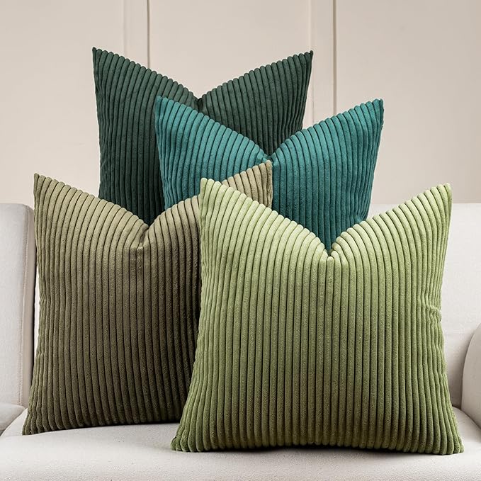 Volcanics Set of 4 Dark Green Corduroy Decorative Couch Throw Pillow Covers 18x18 Inch, Soft Modern Boho Striped Accent Cushion Cases for Home Sofa, Rustic Home Decor