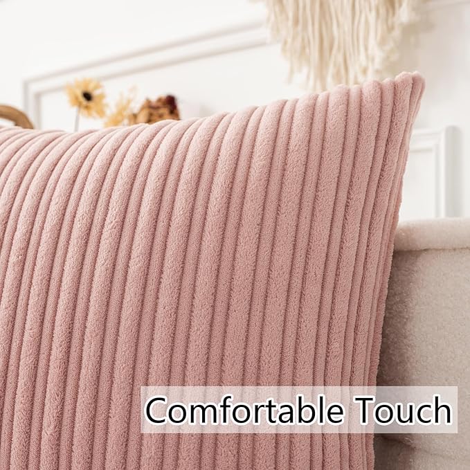 UGASA Corduroy Striped Soft Soild Decorative Square Throw Pillow Covers Set Cushion Cases Pillowcases for Sofa Bedroom, 1 Pc, 26x26 Inch, Baby Pink