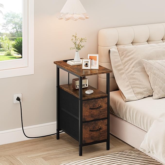 Vagusicc End Table with Charging Station Set of 2, Narrow Side Table, 23.8'' Tall Nightstand with 2 Drawers, Small Sofa Side Table Narrow Nightstand for Small Spaces Furniture, Bedroom, Rustic Brown
