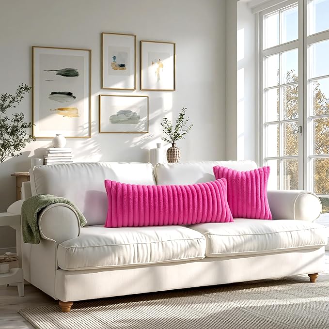 MIULEE Faux Fur Lumbar Decorative Throw Pillow Covers 12x20 Inch Set of 2, Retro Vintage Boho Spring Home Decor Soft Plush Couch Pillows Cozy Fluffy Cushion Covers for Sofa Bed Hot Pink