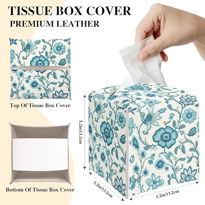 Vintage Floral Tissue Box Cover, Blue Flowers Tissue Holder Square with Bottom Belt for Home Bathroom Office Vanity Countertop, Housewarming Gifts Ideas for Women Friends Mom Bestie -04