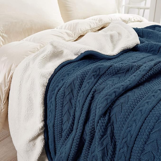 Longhui bedding Acrylic Cable Knit Sherpa Throw Blanket - Thick, Soft, Big, Cozy Grey Blue Knitted Fleece Blankets for Couch, Sofa, Bed - Large 60 x 80 Inches Gray Blue Coverlet All Season
