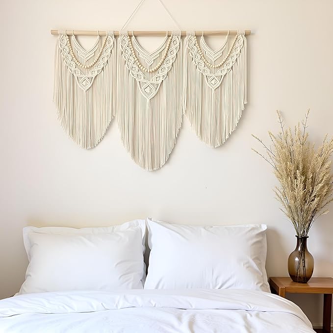 large macrame wall hanging - Boho Tapestry Macrame Wall Decor Art- Chic Bohemian Handmade Woven Tapestry Home Decoration for Bedroom Living Room Apartment Wedding Party - 43"x32" (Beige-Wood Bead)