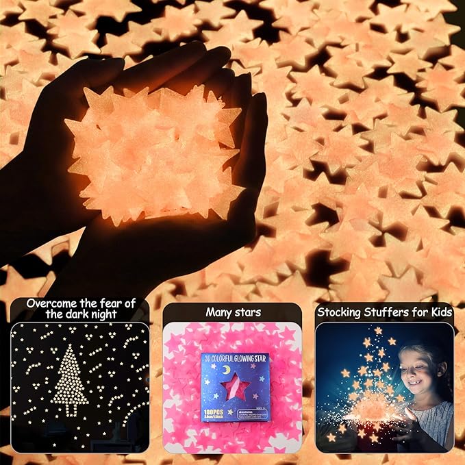 AM AMAONM 100pcs Glow in The Dark Luminous Stars Fluorescent Noctilucent Plastic Wall Stickers Murals Decals for Home Art Decor Nursery Ceiling Wall Decorate Kids Babys Bedroom Room Pink