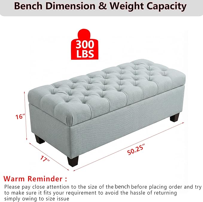 60.2" Storage Ottoman Bench for Bedroom Bed End,Polyester Upholstered Bench with Seating,Button Tufted Ottomans with Storage for Living Room,Bedside,Entryway (Baby Blue, 49.75")