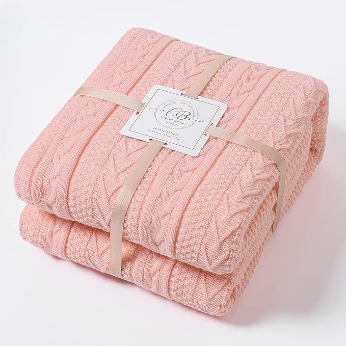 Longhui bedding Acrylic Pink Cable Knit Sherpa Throw Blanket - Thick, Soft, Big, Cozy Knitted Fleece Blankets for Couch, Sofa, Bed - Large 60 x 80 Inches Coverlet All Season