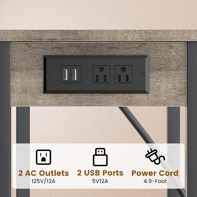 Tall End Table with Charging Station and USB Ports, 3 Tier Narrow Tall Bedside Table with Storage, Slim Nightstand with Outlets for Bedroom, Living Room, Office, Greige