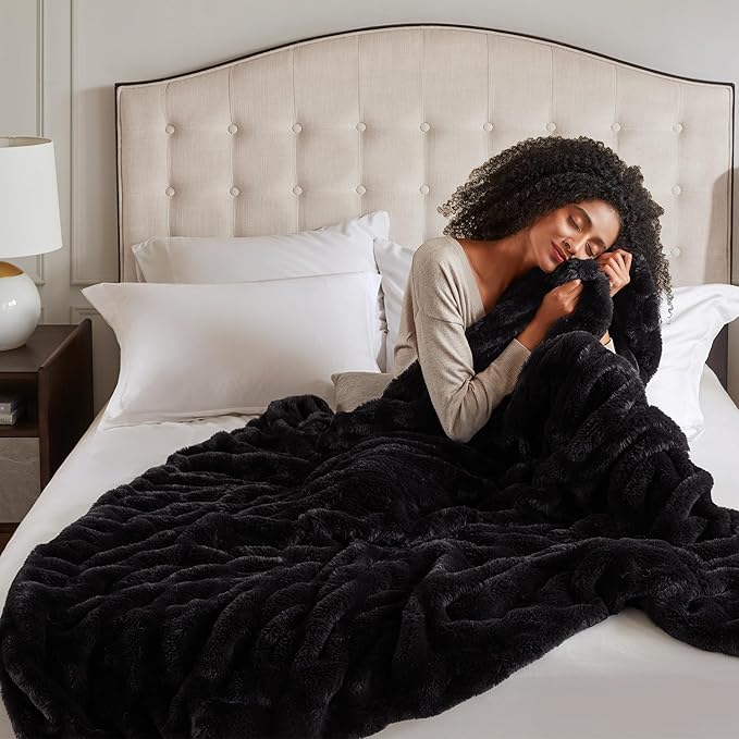 Hyde Lane Luxury Ruched Faux Fur Throw Blanket | Ultra Soft Cozy Puzzy Throw | Plush Black Mink Blankets for Sofa, Couch, Living Room, 60"x80"