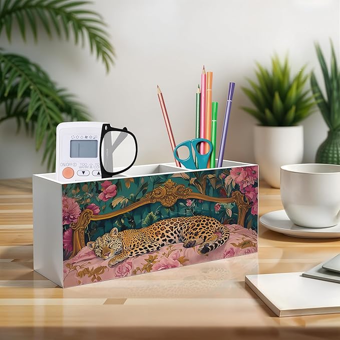 Trendy Retro Leopard Pen Pencil Holder, Leopard Print Gifts for Women, Eclectic Maximalist Sleeping Cheetah Pencil Pen Holder Organizer for Home Office Desk Accessories