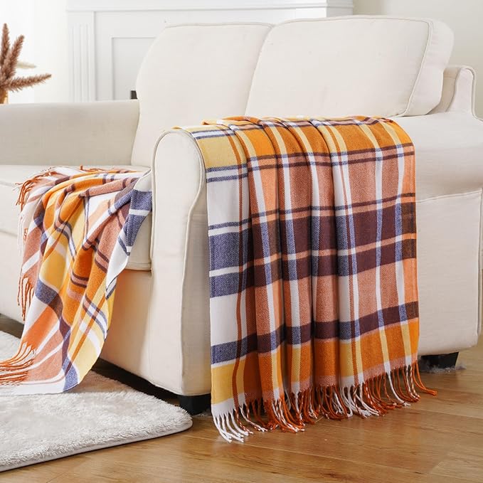 BATTILO HOME Fall Plaid Throw Blanket for Couch Bed, Decorative Orange Fall Blankets, Buffalo Checkered Plaid Blankets and Throws Farmhouse Style for Home Fall Decor 50"x60"