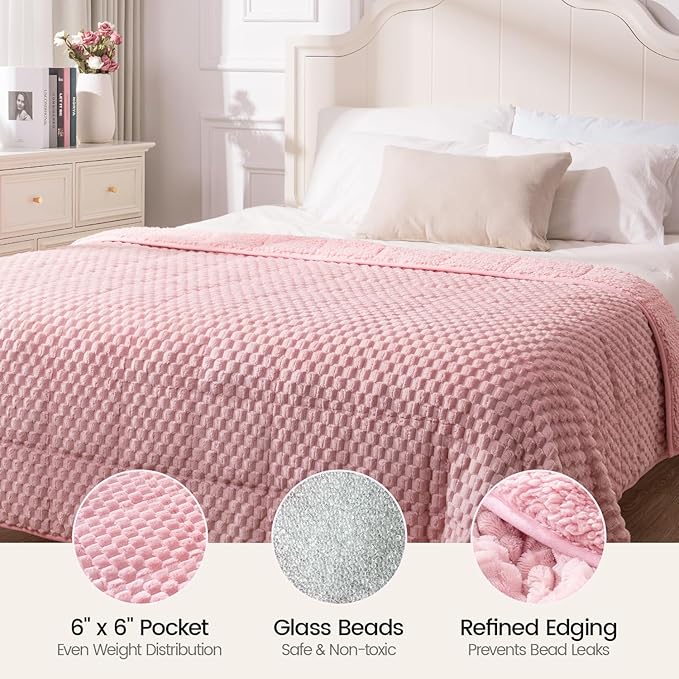 Super Fuzzy Soft Fleece Sherpa Weighted Blanket 15 lbs for Adults, 3D Imitation Turtle Shell Luxury Weighted Throw for Better Sleep, Dual Sided Cozy Heavy Blankets for Couch Bed, Pink, 48" x 72"