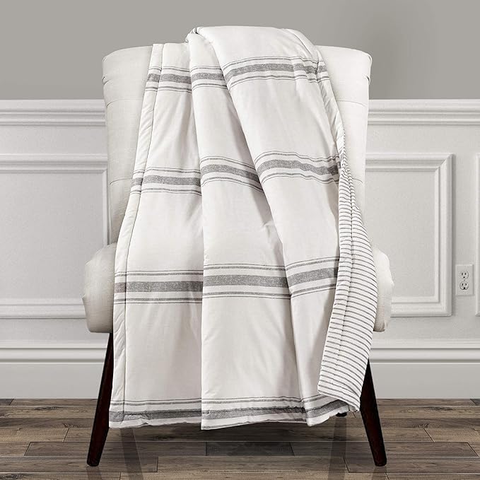 Lush Decor Farmhouse Stripe Reversible Throw, Single, 50" W x 60" L, Gray - Throw Blanket For Bed - Soft Blanket - Couch Throw - Rustic Farmhouse Decor