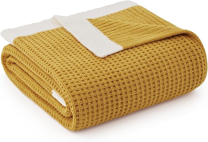 Amélie Home Waffle Throw Blanket for Couch, Soft Cozy Chenille Knit Blanket Warm Decorative Throw for Sofa, 50"x60", Ginger
