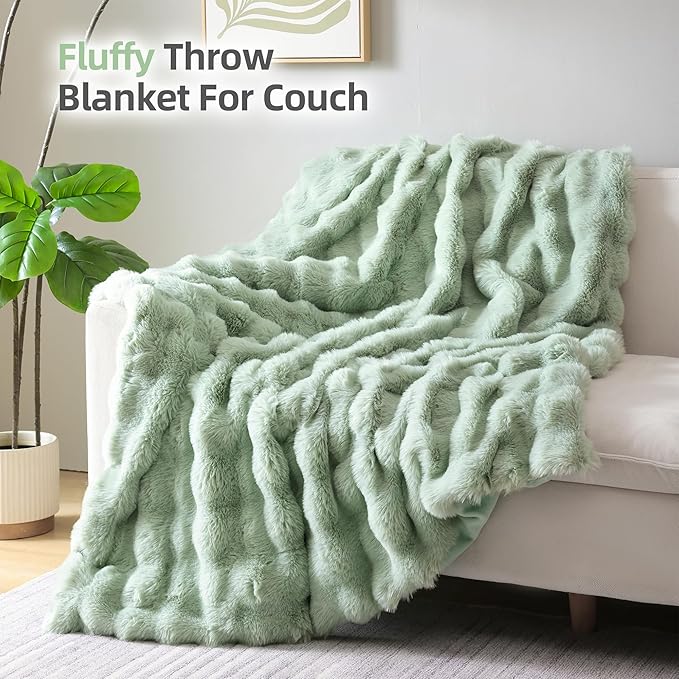 Smoofy Faux Fur Throw Blanket for Couch – Sage Fluffy Cozy Rabbit Fleece, Plush Soft Bubble Blanket for Sofa & Bed, for Mom, Warm Fuzzy Home Room Decor Throw 50" x 60"