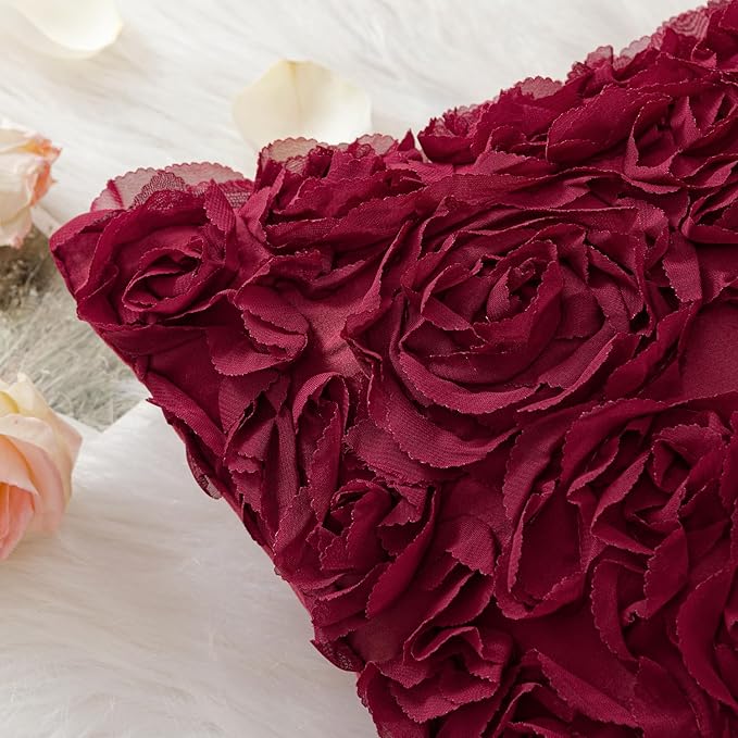 MIULEE 3D Rose Flower Pillow Cover Decorative Spring Floral Romantic Stereo Chiffon Aesthetic Solid Pillowcase for Girl Bedroom Living Room Decor 12x20 Inch Wine Red