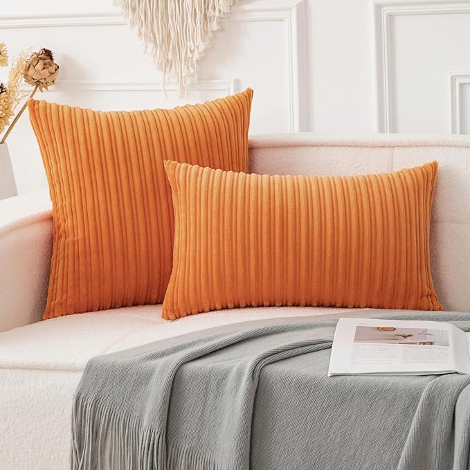 UGASA Fall Decorative Soft Velvet Stripe Lumbar Pillow Cover 1 Pack Solid Corduroy Textured Euro Oblong Cushion Case for Couch Bedroom Sofa Farmhouse, 12x20 Inch, Orange