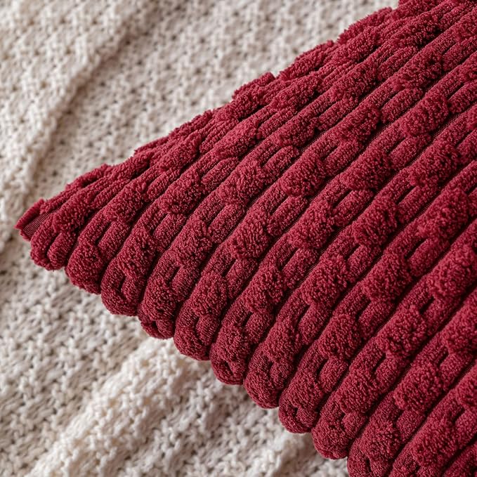 MIULEE Wine Red Throw Pillow Covers Soft Corduroy Decorative Set of 2 Boho Striped Pillow Covers Pillowcases Farmhouse Home Decor for Couch Bed Sofa Living Room 18x18 Inch