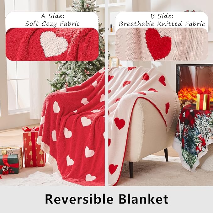 CozeCube Valentine's Day Love Heart Throw Blanket, Super Soft Romantic Fullfy Microfiber, Reversible Featival Blankets for Couch Bed Sofa, Warm Knit Christmas Decorative Gift Blankets, Red 50"X60"