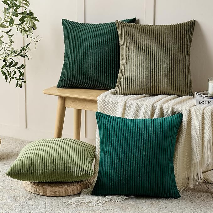Volcanics Set of 4 Dark Green Corduroy Decorative Couch Throw Pillow Covers 18x18 Inch, Soft Modern Boho Striped Accent Cushion Cases for Home Sofa, Rustic Home Decor