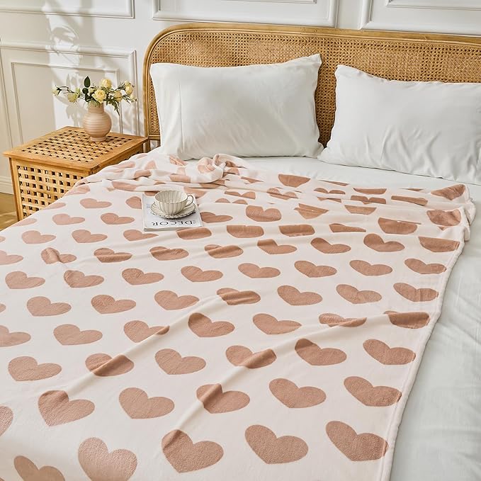 FY FIBER HOUSE Heart Flannel Queen Blanket Soft Cozy Blankets for Lover Gifts All Season Use, 90x90 Inches, Khaki