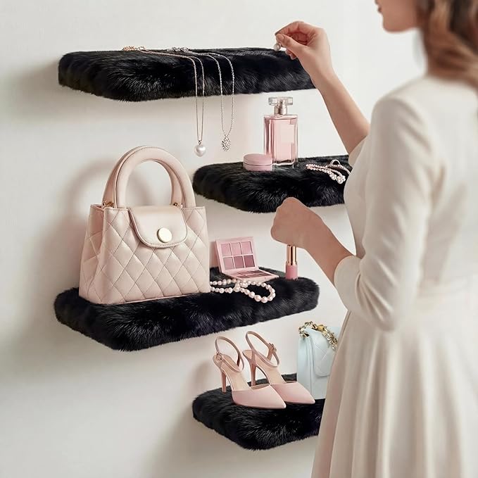 2 Pack Floating Shelves for Wall, Shelf with Fluffy Soft Black Shag Cover, Wall Mounted Shelves for Bedroom, Living Room, Suitable for storing valuable collectibles, bags, jewelry, high heels