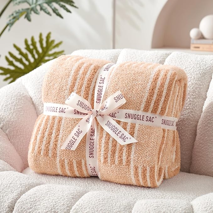 Snuggle Sac Checkered Throw Blanket Faux Fur Microfiber Blankets for Couch,Reversible Soft Cozy Warm Blanket for Sofa Bedroom,Cute Lightweight Striped Throws for Women,Heather Beige,50x60 inches