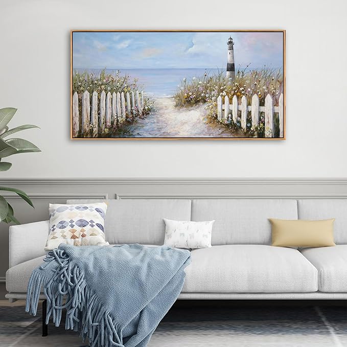 Ocean Wall Art for Living Room - Coastal Canvas Artwork for Walls, Vintage Landscape with Lighthouse, Farmhouse Beach Pictures, Framed Bedroom Wall Decor 20×40IN