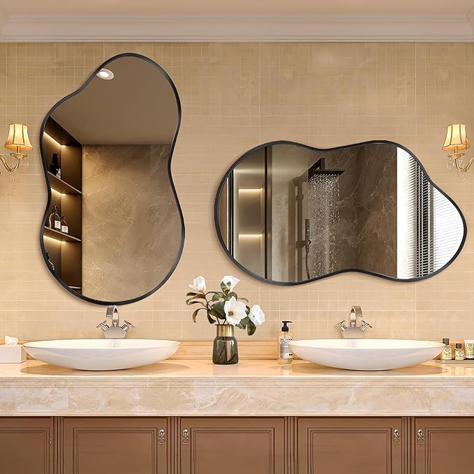 Irregular Wall Mirror - Wall Mirrors Decorative 20"x36" Black Asymmetrical Mirror Tempered Glass Aviation Aluminum Alloy Frame for Bathroom, Bedroom, Living Room, Cloakroom, Entryway