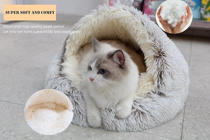 Calming Round Dog Beds &Cat Cave Bed with Hooded Cover,Plush Fluffy Dog Bed Anti-Anxiety Cat Cave Bed,Waterproof Bottom Washable (Coffee, 25.6X 25.6inch)