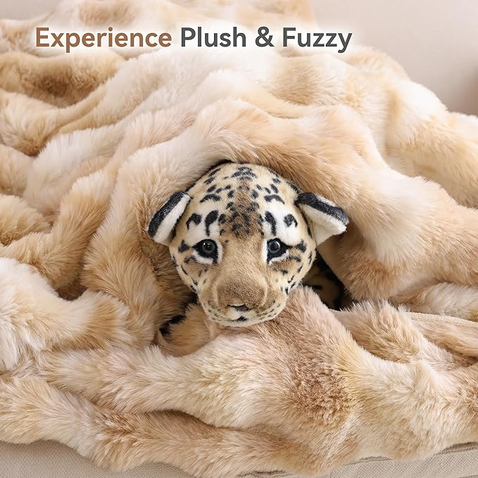Smoofy Faux Fur Throw Blanket for Couch – Tie-dye Camel Fluffy Cozy Rabbit Fleece, Plush Soft Bubble Blanket for Sofa & Bed, for Mom, Warm Fuzzy Home Room Decor Throw 50" x 60"