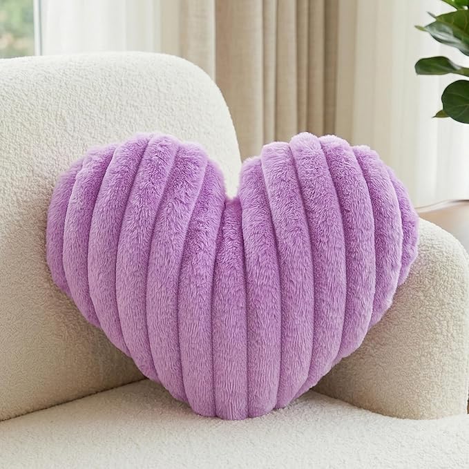 16 Inch Lavender Heart Pillow Valentine Soft Decorative Throw Pillows, Heart Shaped Fluffy Faux Fur Pillows Cushions for Couch Chair Bed Bedroom Room Home Decor Aesthetic (1, Lavender, Medium-16"x13")