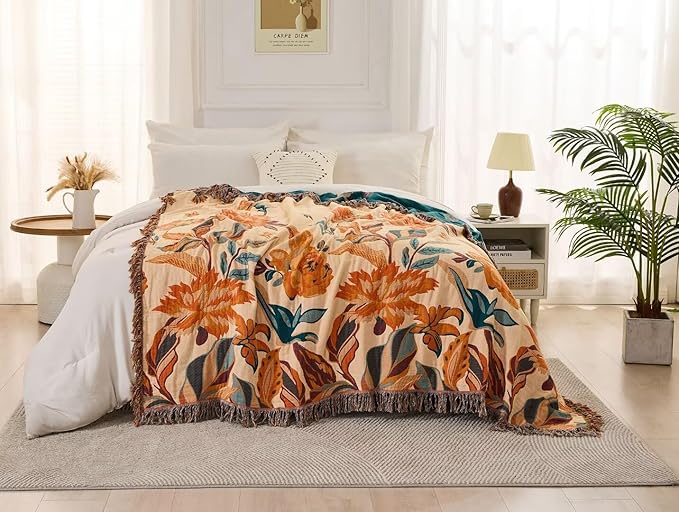 Boho Throw Blanket for Couch Sofa 60"x80",100% Cotton Muslin Fall Throw Blanket for Bed,Ultra Soft 4-Layers Woven Blanket with Floral Printed for All Season,Farmhouse Throws Bed Chair Cover