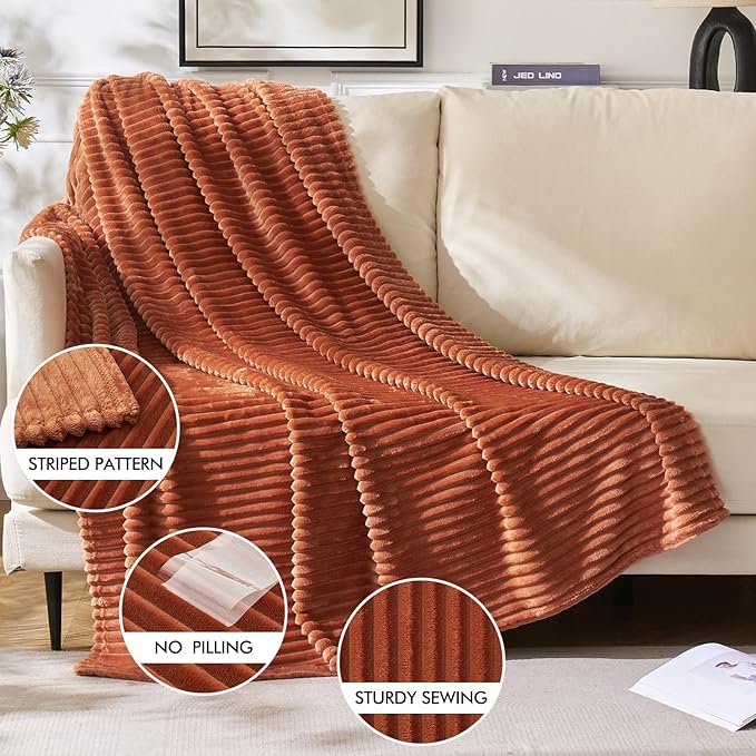 MIULEE Rust Throw Blanket 3D Ribbed Jacquard Fleece Flannel Velvet Plush Decorative Bed Blanket (Throw, 50" x 60") - Super Soft, Lightweight, Warm and Cozy for Couch Sofa Fall Home Decor
