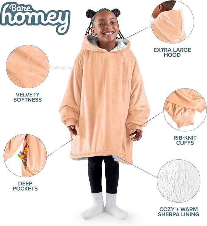 Bare Home Wearable Blanket Hoodie - Soft Plush Sherpa - Warm and Cozy - Oversized Wearable Blanket - Adult & Kid Sizes