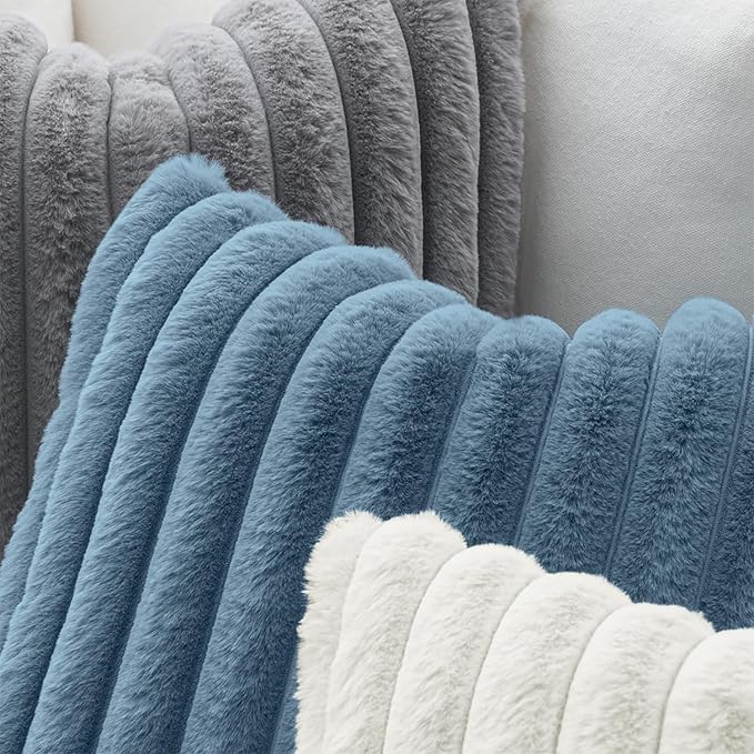 MIULEE Faux Fur Lumbar Decorative Throw Pillow Covers 12x20 Inch Set of 2, Coastal Modern Art Spring Home Decor Soft Plush Couch Pillows Cozy Fluffy Cushion Covers for Sofa Bed Grey Blue